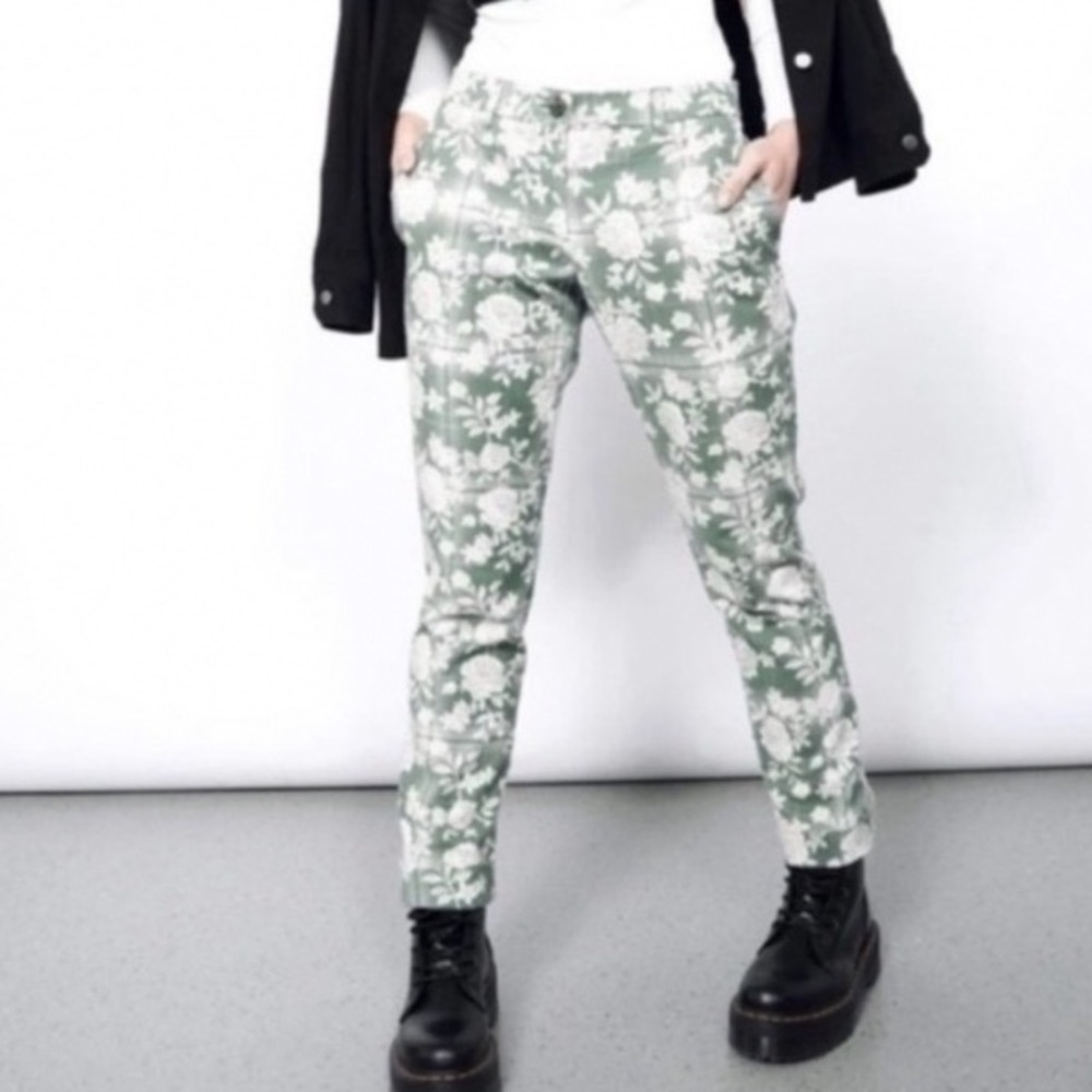 Wildfang The Essential Trouser Green Floral Rose Plaid Cotton Pants Women Sz 12